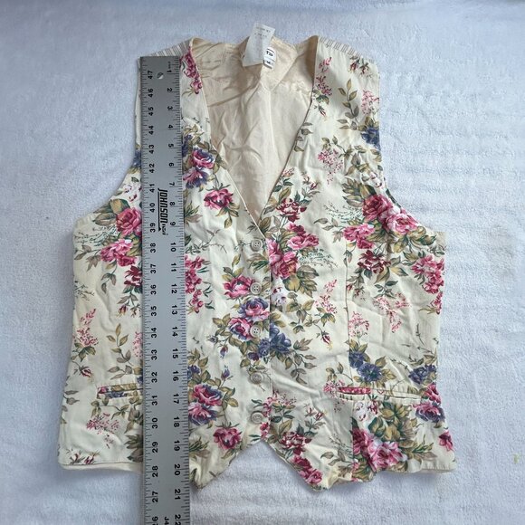 Talbots Womens V-Neck Floral Vest Medium Beige Striped Back Lightweight Pockets - Picture 7 of 7